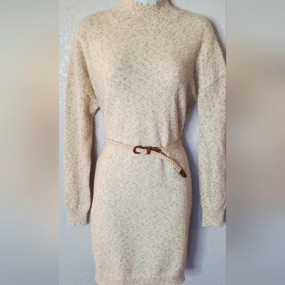 Neutral Mock Neck Belted Cream Knit Sweater Dress Size Medium - Picture 3 of 8